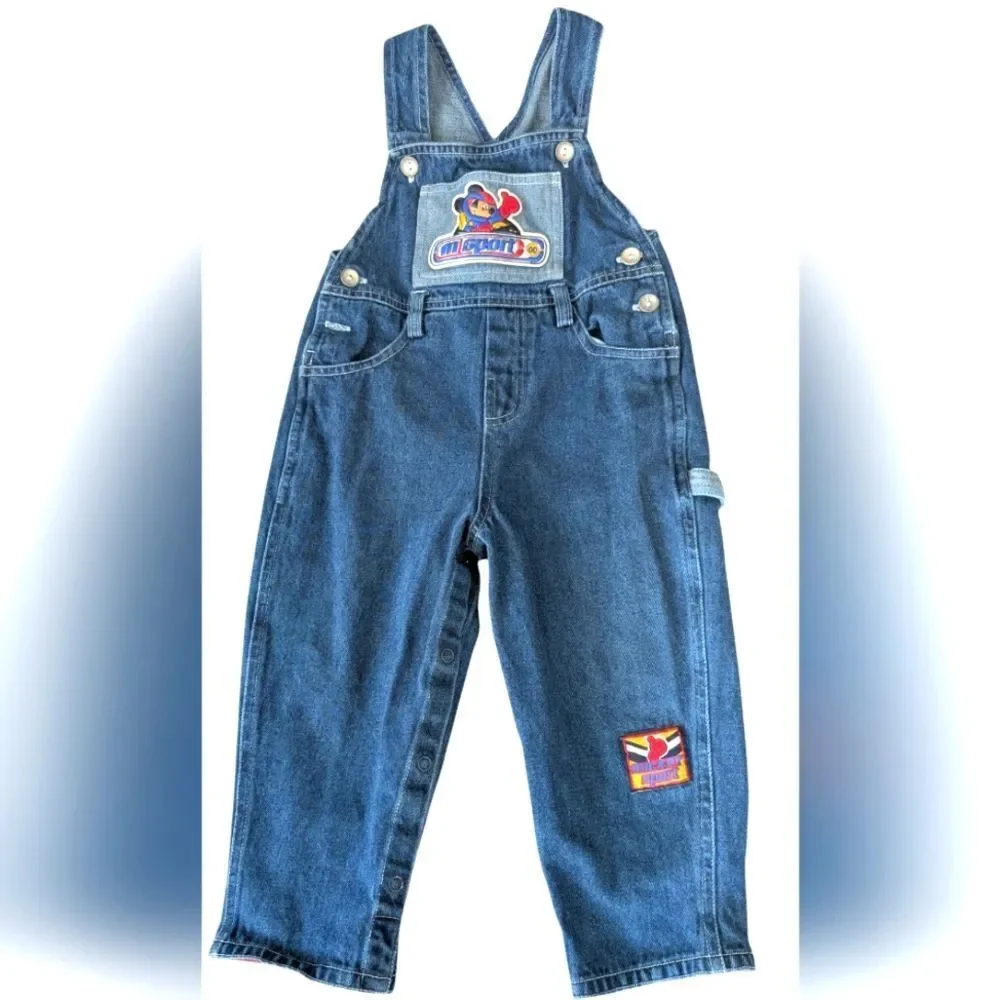 Disney Mickey Mouse Vintage Blue‎ Denim Racing Theme Overalls Size 18 Months